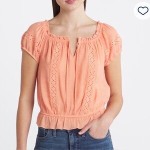 Abigale Cropped Blouse Peach Eyelet Short Sleeve Blouse with Ruffled Hem